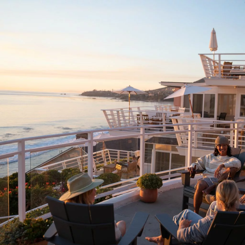 Friends watching the sunset into the Pacific Ocean at Laguna Surf Lodge